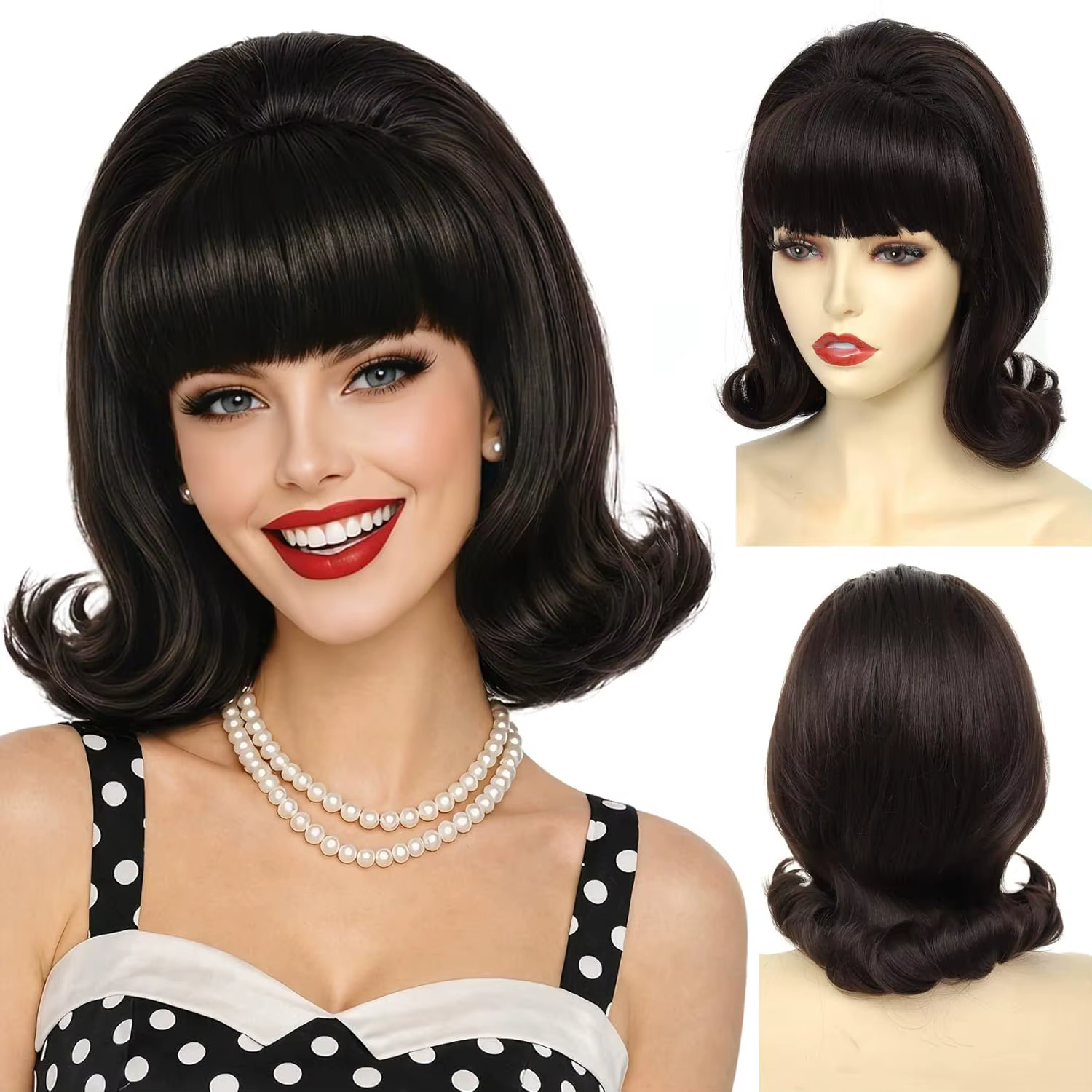 HAIRJOY Perruque courte synthétique avec frange pour femme, style rétro années 60-70, perruque bouff