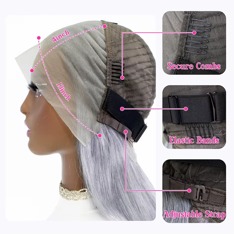 Perruque Bob Lace Front Wig naturelle lisse, couleur grise argentée, 13x4 HD, cheveux humains, 10 12