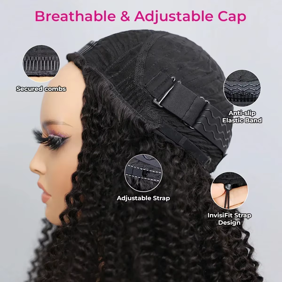 Demi-perruque sans colle, cheveux naturels, avec cordon de serrage, Clips sans couture, densité 300,