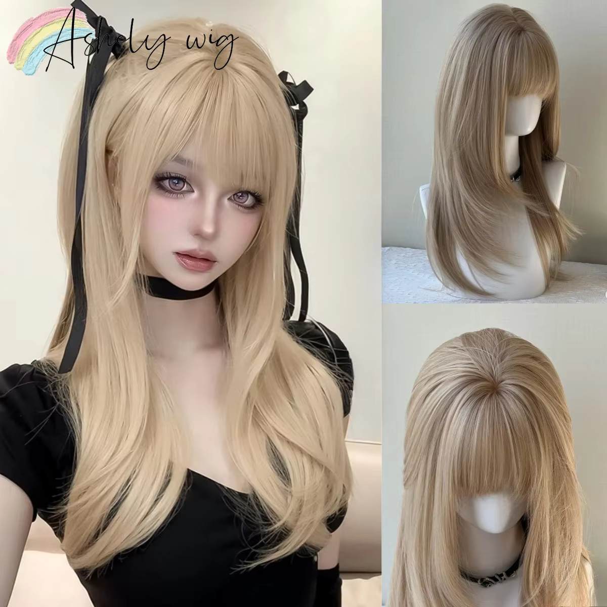 Perruque synthétique blonde avec frange pour femme, cheveux raides moyens, fibres de degré de chaleu