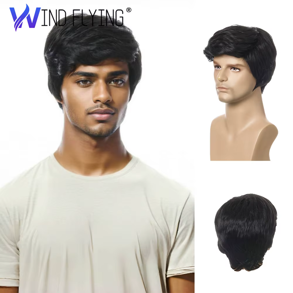 Perruque Synthétique Courte Noire et Lisse pour Homme, Postiche Réaliste en Polaire, à la Mode
