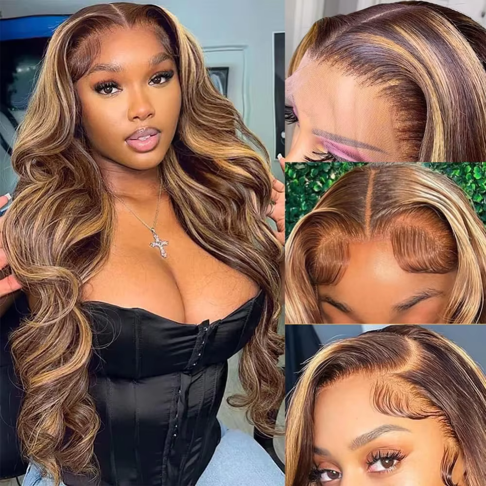 Perruques Lace Front 13x4 HD Highlight Body Wave en Cheveux Humains pour Femmes, Sans Colle, Pré-Plu