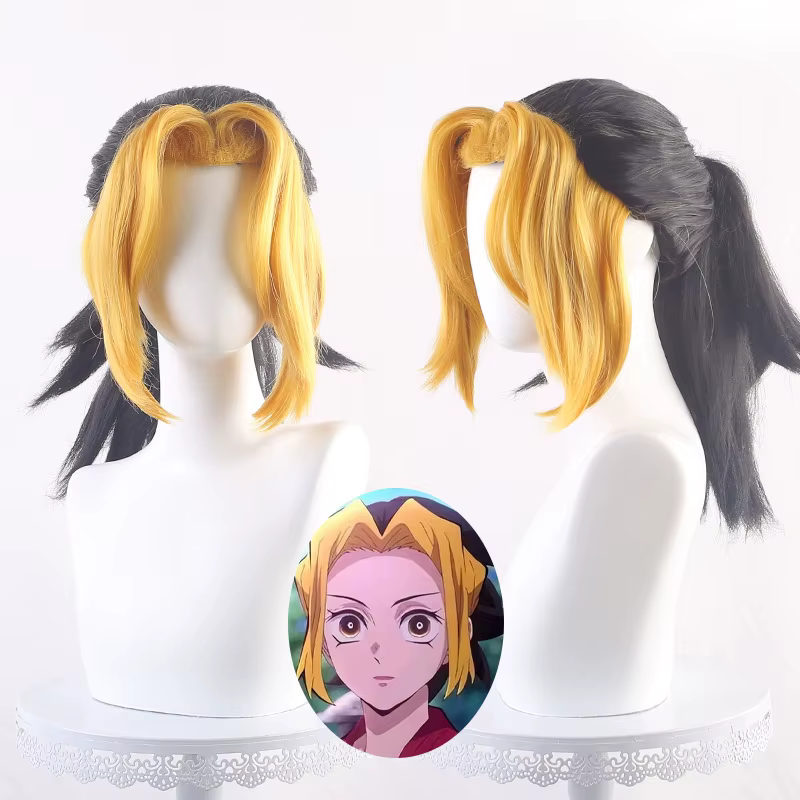 Demon Slayer Makio Cosplay Perruque Synthétique, Perruque Courte Bouclée, Noir Jaune, Anime Coser, P