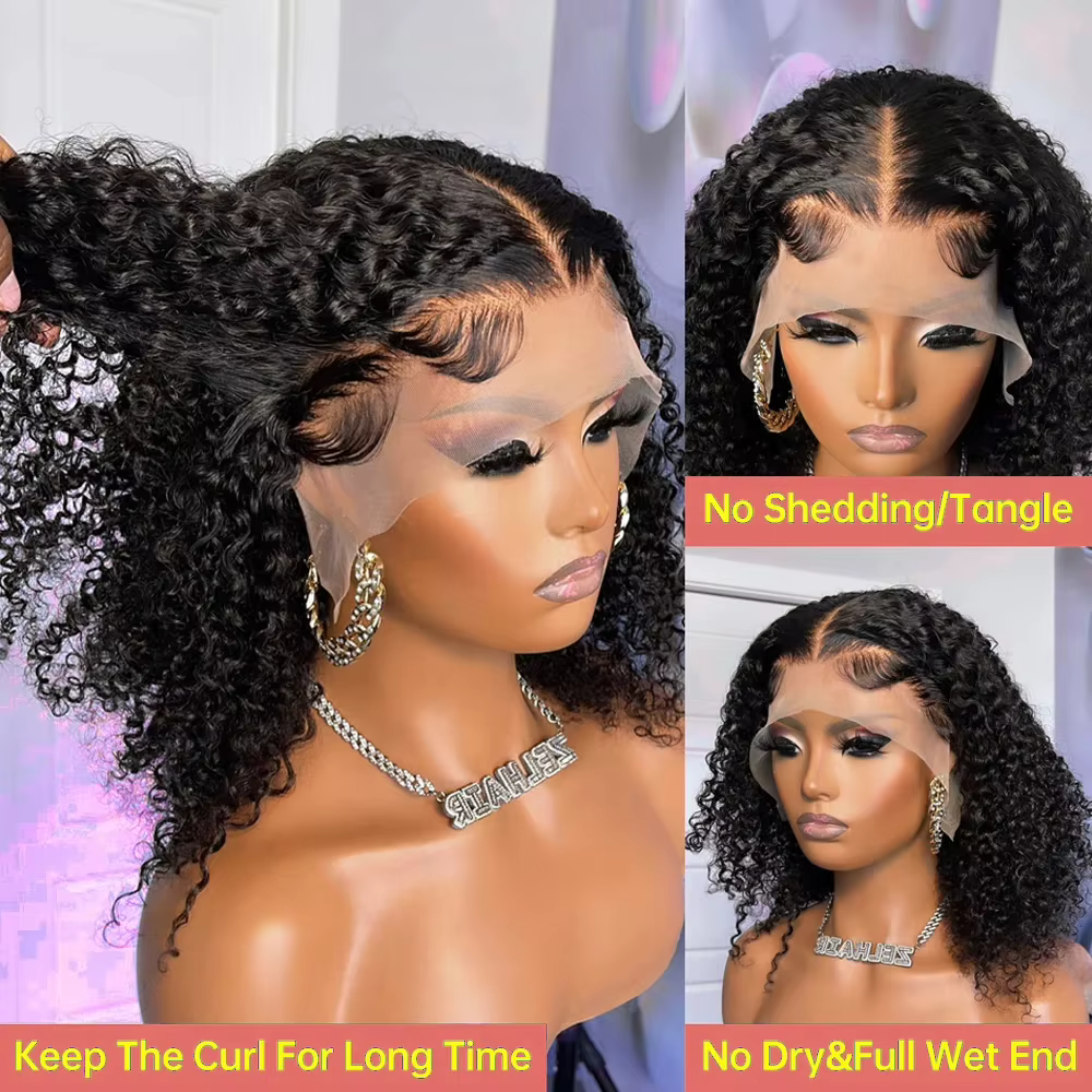 Perruques Courtes Bob Bouclées Effet Mouillé 13x4 Lace Front Cheveux Humains Brésiliens Deep Wave 13