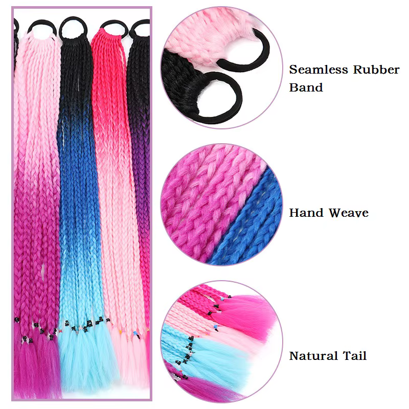 24Inch Synthetic Gradient  Colored Braided Ponytail Hair Extension Elastic Rubber Band Braiding Pony