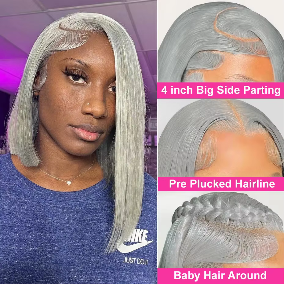 Perruque Bob Lace Front Wig naturelle lisse, couleur grise argentée, 13x4 HD, cheveux humains, 10 12