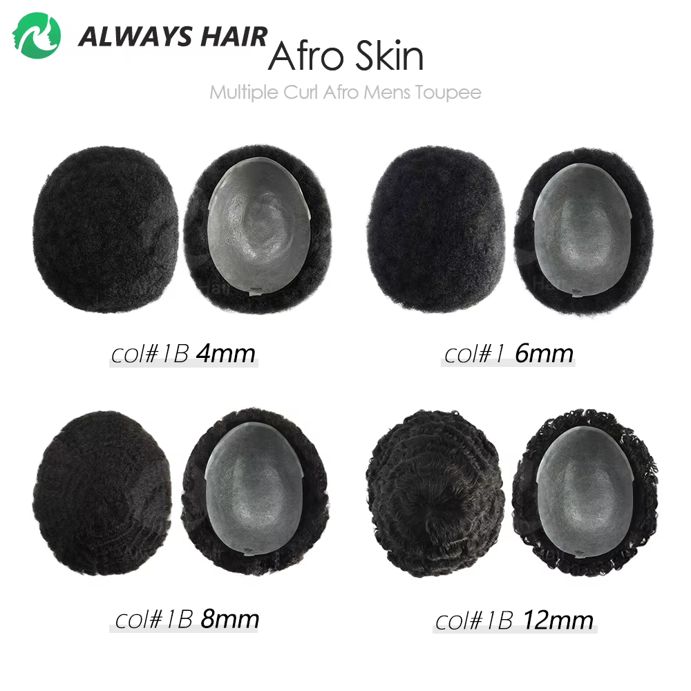 Afro toupet Curl 4mm 6mm 8mm 12mm 0.12-0.14mm peau Afro perruque pour hommes noirs vrais cheveux hum