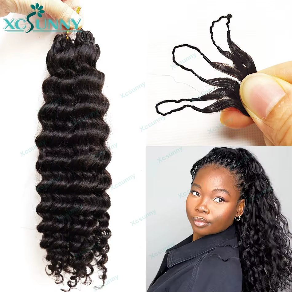 Extensions de cheveux humains bouclés au Crochet, nœud invisible, sans nœuds, pré-séparés avec ficel