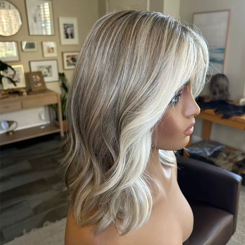 Perruque synthétique 13x4 résistante à la chaleur, ombrée gris cendré blond, avec dentelle HD, effet