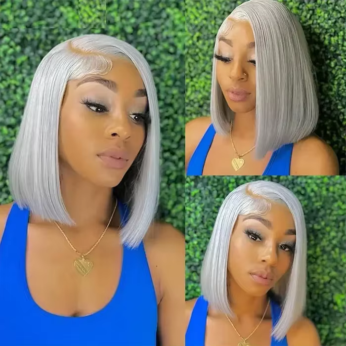 Perruque Bob Lace Front Wig naturelle lisse, couleur grise argentée, 13x4 HD, cheveux humains, 10 12