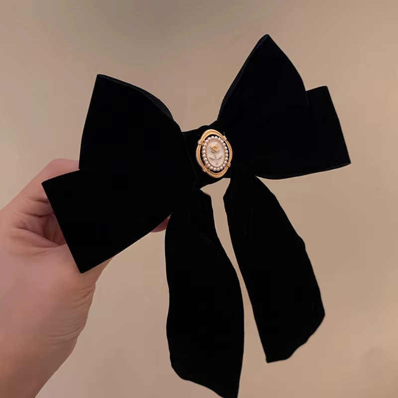 Pince à cheveux avec nœud Rose en velours noir, pour queue de cheval élégante pour femmes, accessoir