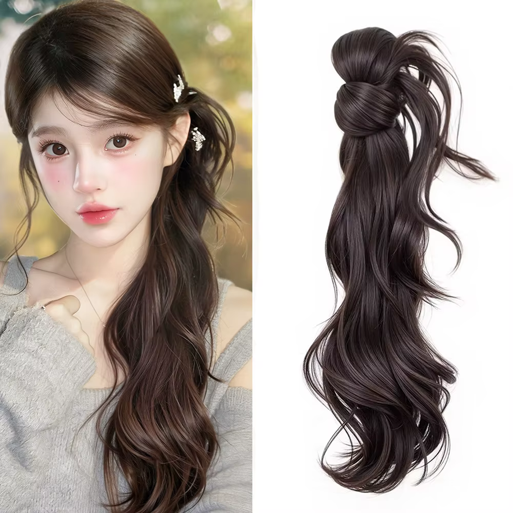 Extensions de queue de cheval synthétiques avec pince à cheveux, postiches ondulés naturels avec cho