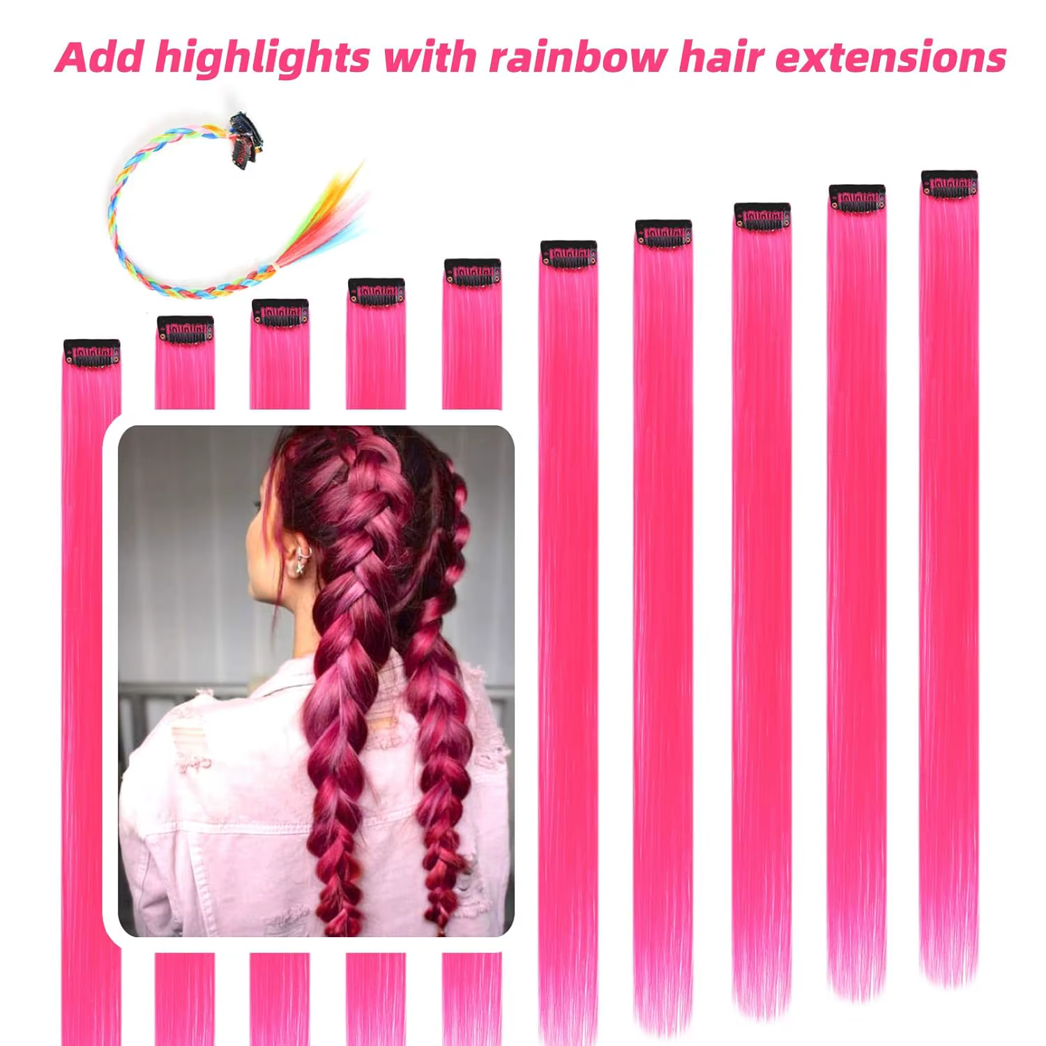 Extensions capillaires synthétiques noires longues et lisses, 10 pièces, postiches à reflets colorés