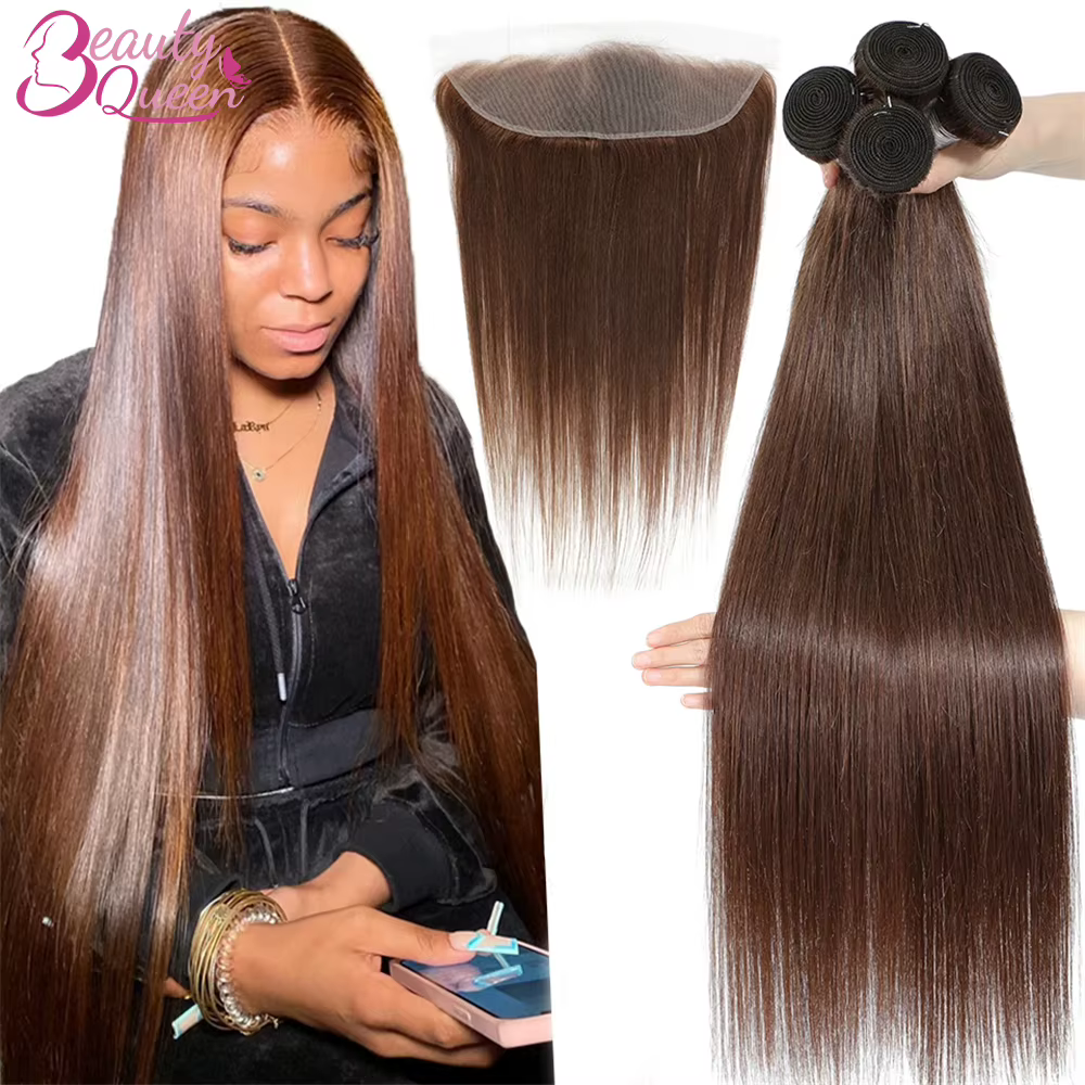 # Tissage en lot brésilien naturel lisse, 4 couleurs, brun chocolat, 13x4, Extensions de cheveux, lo