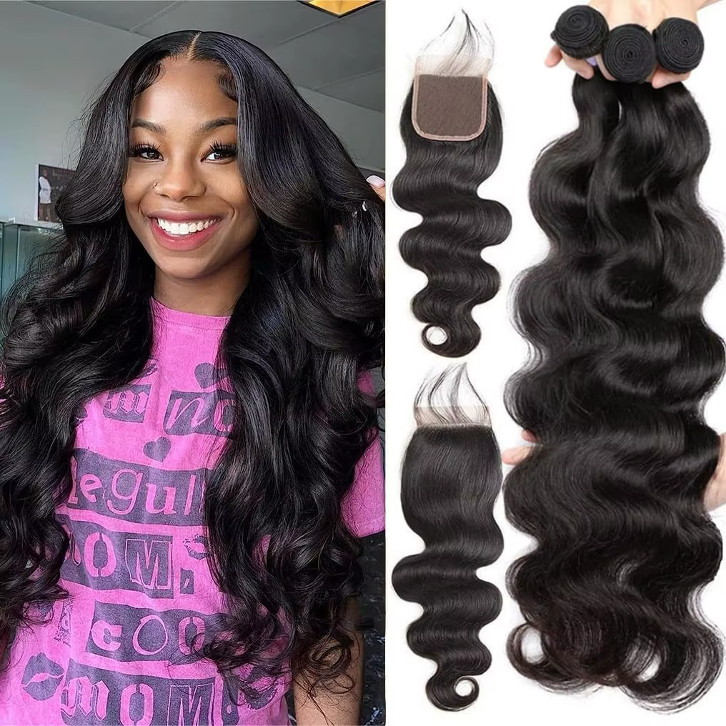 Extensions de cheveux naturels brésiliens vierges Body Wave avec closure 4x4, 3 mèches, couleur noir