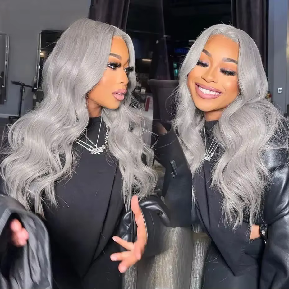 30 pouces 13x6 HD couleur gris argenté vague de corps dentelle avant perruques cheveux humains brési
