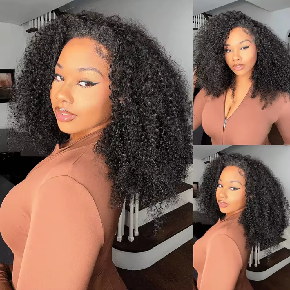 Demi-perruque de cheveux humains 3 en 1, sans colle, avec cordon de serrage, bandeau crépu et bouclé