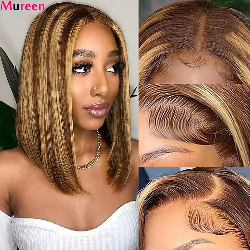 Perruque Bob Mureen 4/27 Highlight en Cheveux Humains Lisses, Perruque Bob Courte Blond Miel 4/27, P