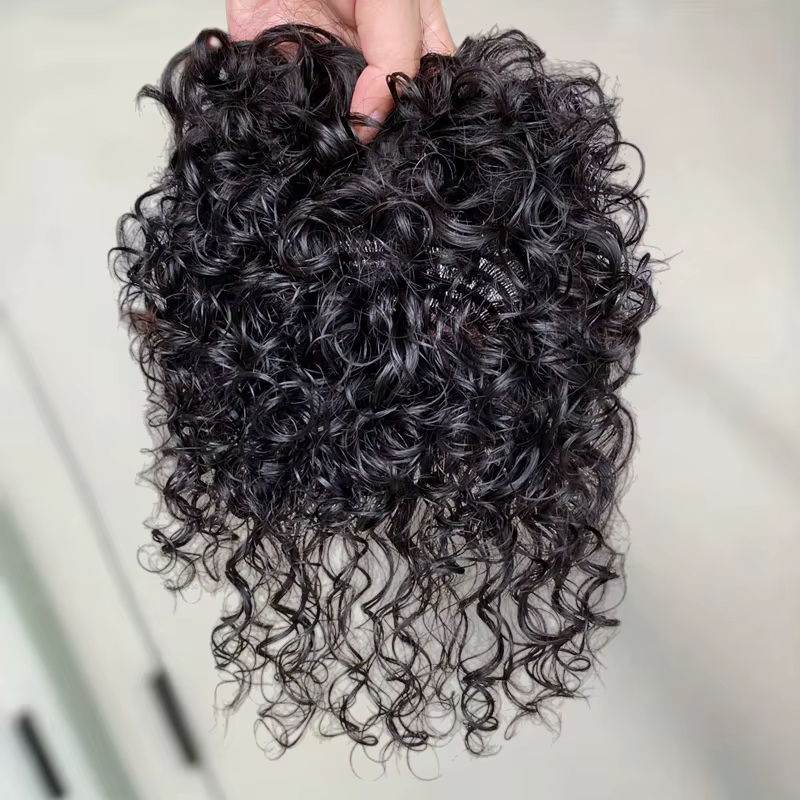 13x14CM cheveux humains bouclés Topper avec frange sans couture moelleux court bouclés pince en Topp