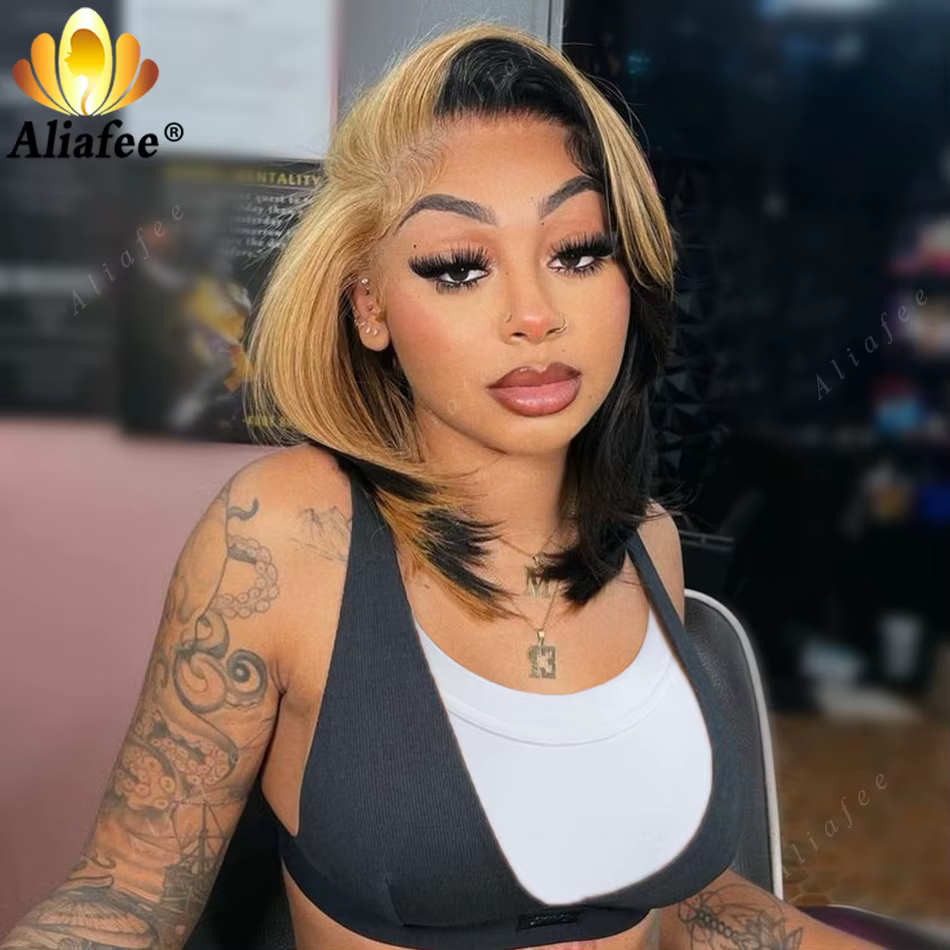 Perruque Bob Lace Wig Naturelle Lisse, Cheveux Courts, Blond Miel 1B, Densité 200%, 13 Tages, pour F