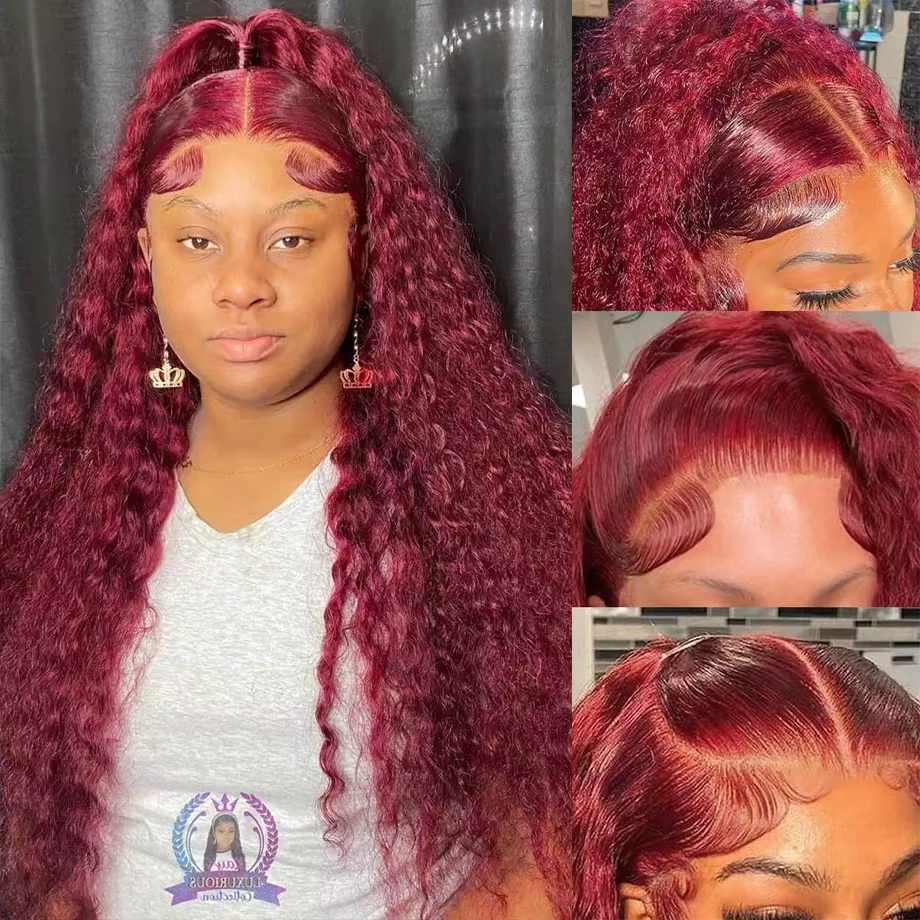 Perruque de cheveux humains bouclés 200 densité 99j Bourgogne 13x6 HD Lace Frontal, couleur Vin Roug
