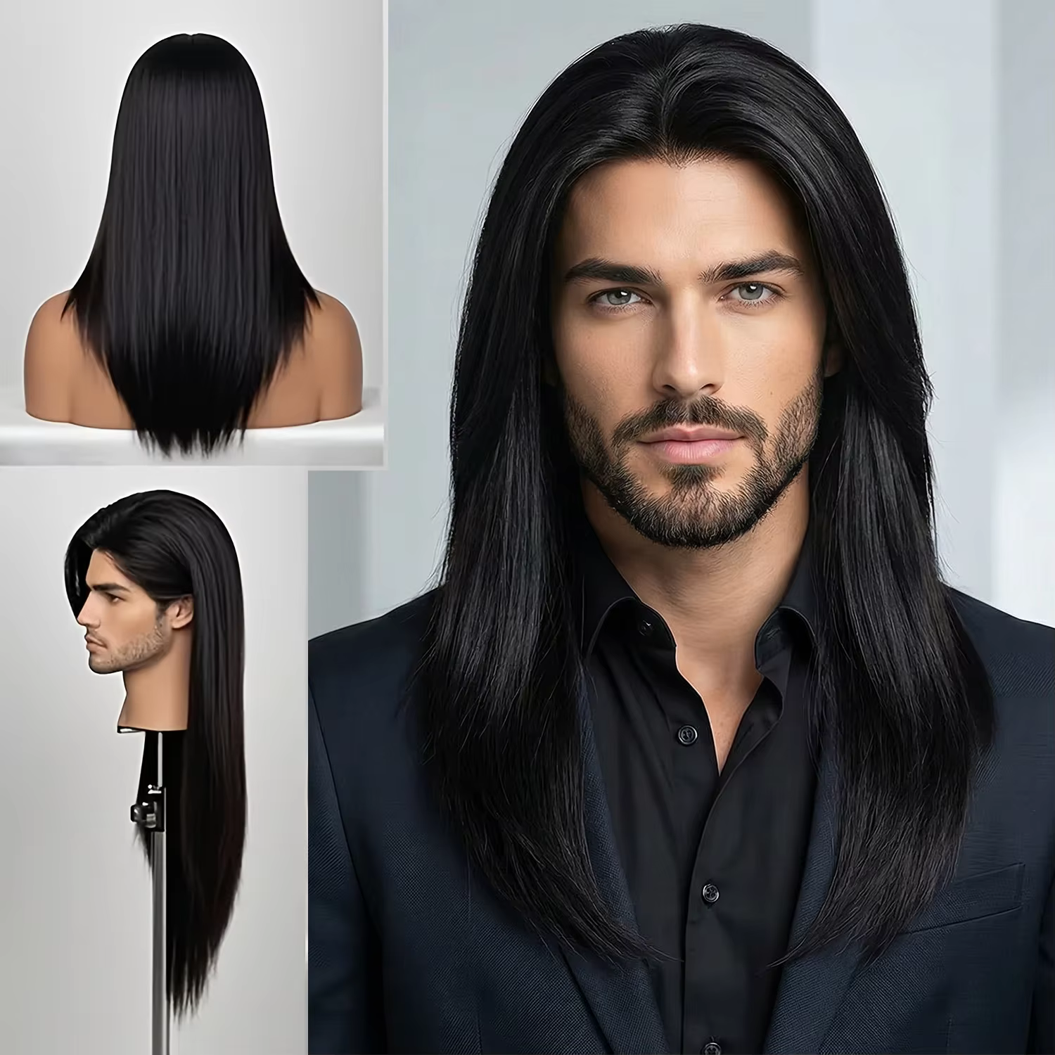 Perruque pour hommes 20 "de long perruque droite noire pour hommes cheveux synthétiques résistants à