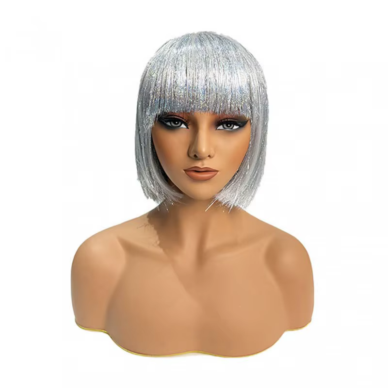 Perruque courte droite gris argenté avec frange droite, brillance métallique, douce et lisse, synthé