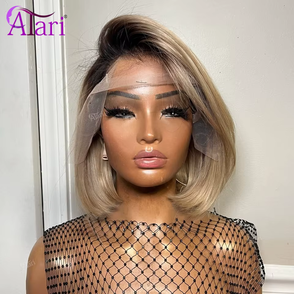 Perruques Bob Courtes en Cheveux Humains Couleur Blond Ombré avec Racines Brunes, Densité 180, Front