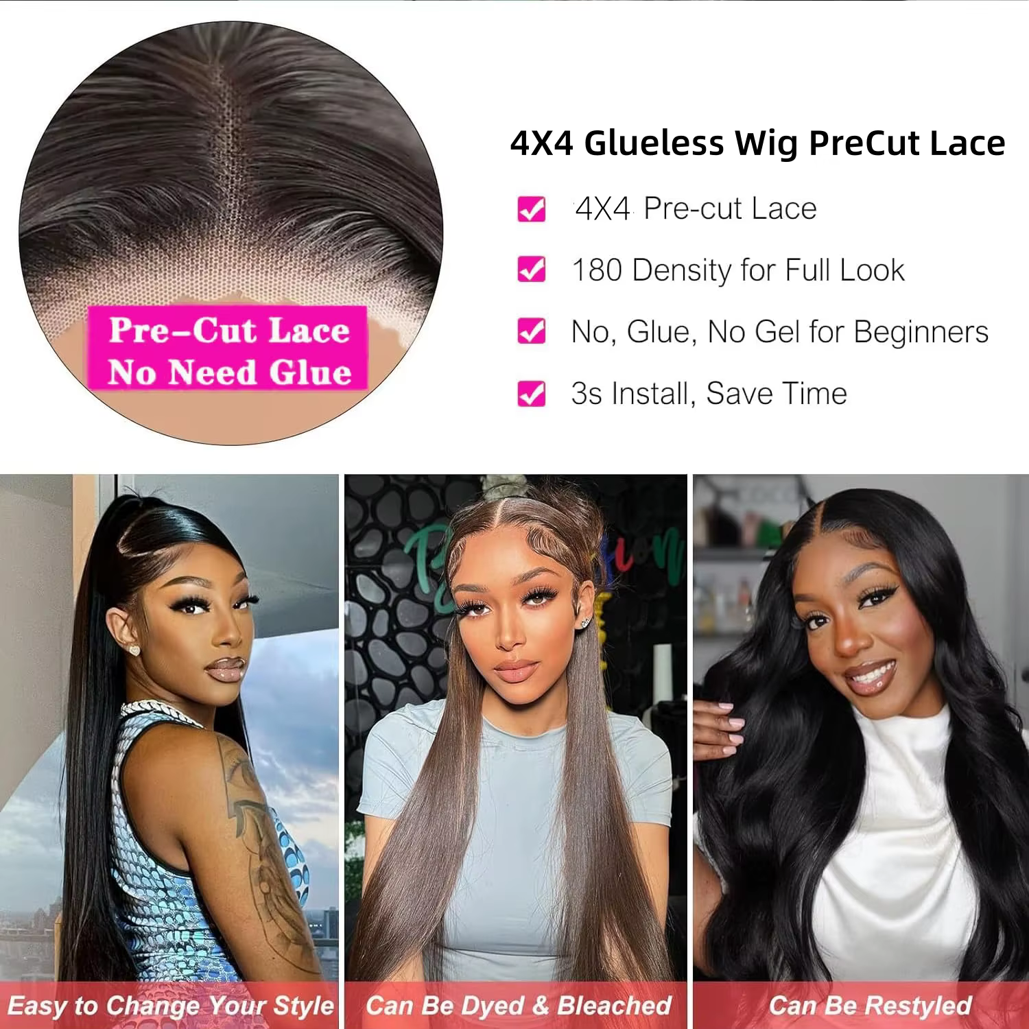 Wear And Go – perruque Lace Closure Wig brésilienne sans colle, cheveux lisses, pre-plucked, 4x4, pr