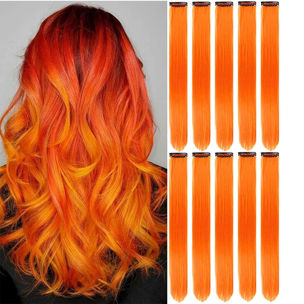 Extensions capillaires synthétiques à Clip rouge et bleu, 10 pièces, postiche lisse à reflets coloré