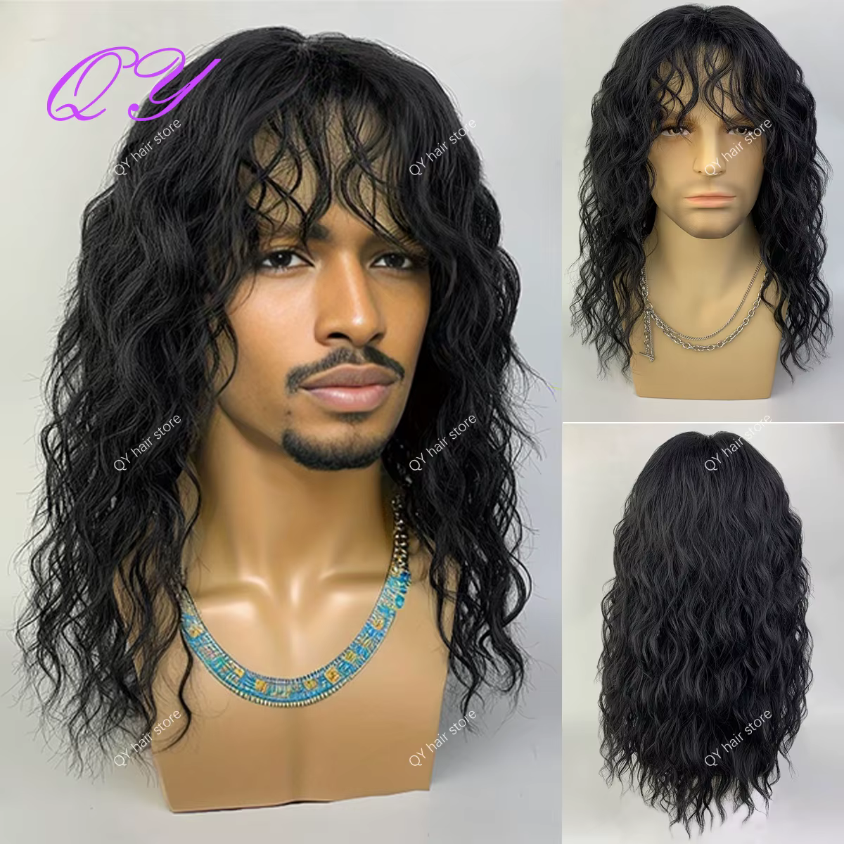 Perruque synthétique bouclée naturelle pour hommes, couleur marron foncé, avec frange, vague d'eau,