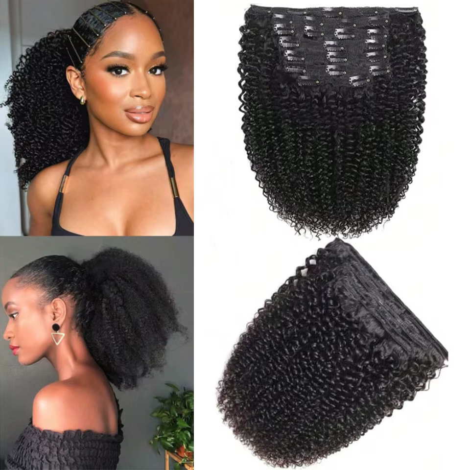 Extensions de cheveux humains bouclés afro crépus à clipser, en PU sans couture, trame de cheveux à