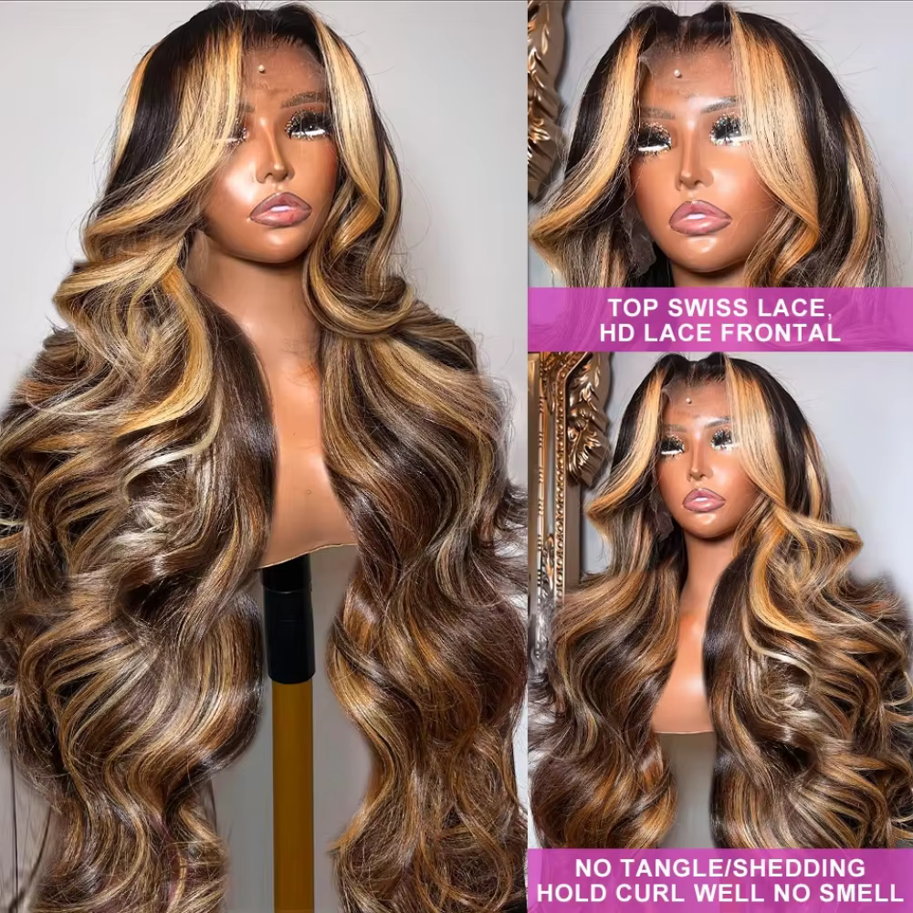 Perruque en cheveux humains avec dentelle frontale 13x6, blonde ombrée brune, vague corporelle, dens