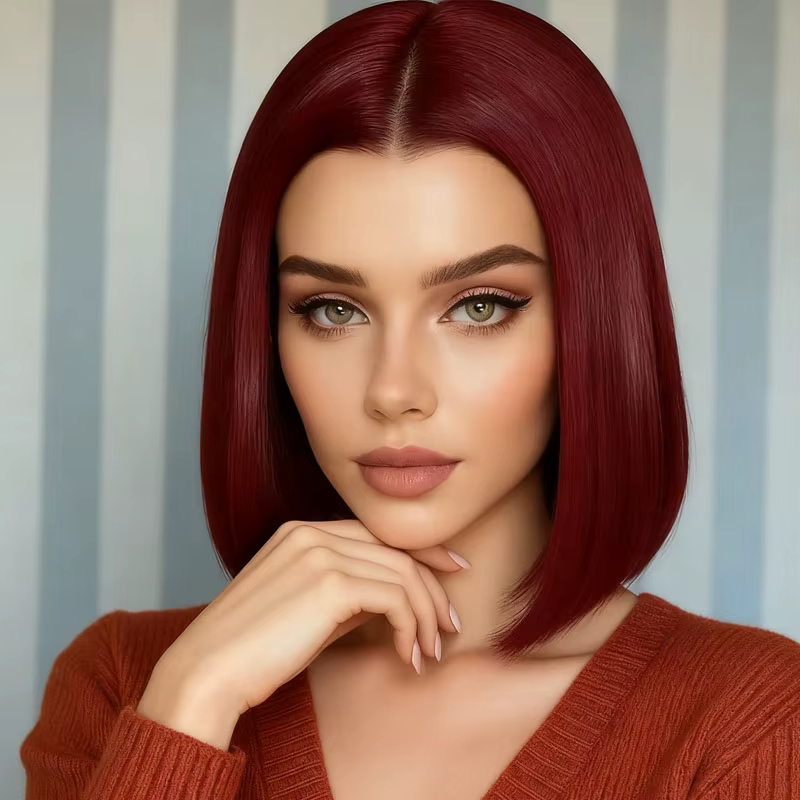 Perruque cheveux raides bordeaux 12 pouces pour femmes, fibre synthétique haute température, à la mo