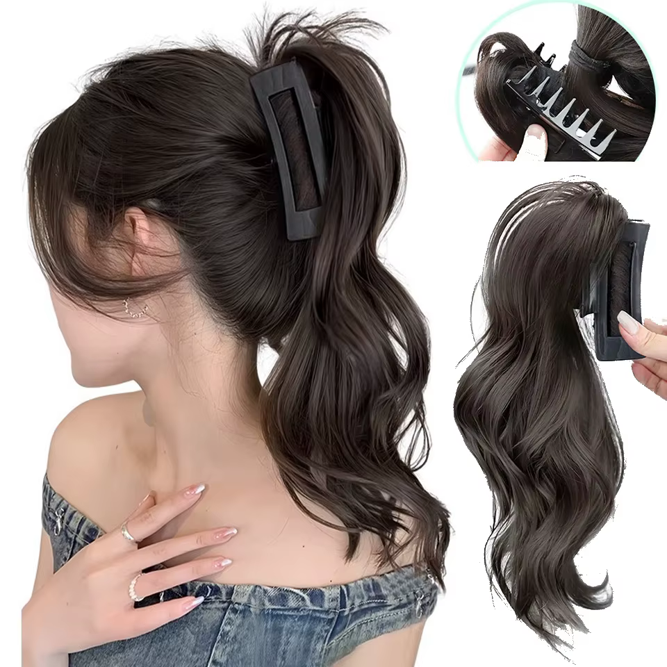 Perruque synthétique longue et bouclée, queue de cheval haute, Extensions capillaires élégantes pour
