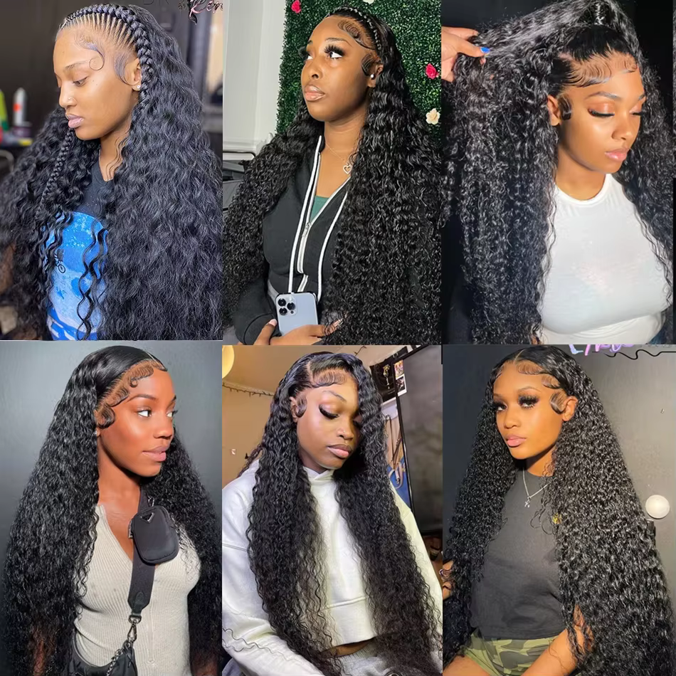 Perruque Lace Frontal Wig brésilienne naturelle, cheveux humains, Deep Wave, Transparent, 40 46 pouc