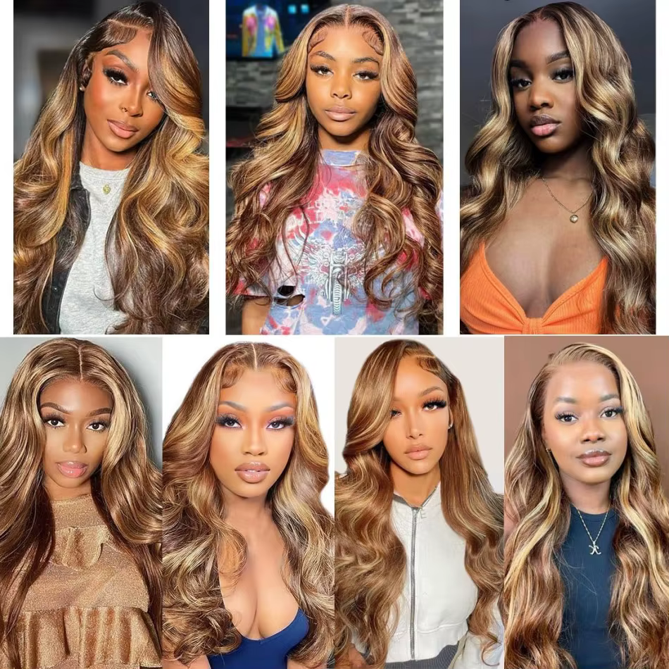 Perruques Ombrées Highlight Body Wave en Cheveux Humains, Perruque Frontale HD Lace 13x4 13x6, Densi