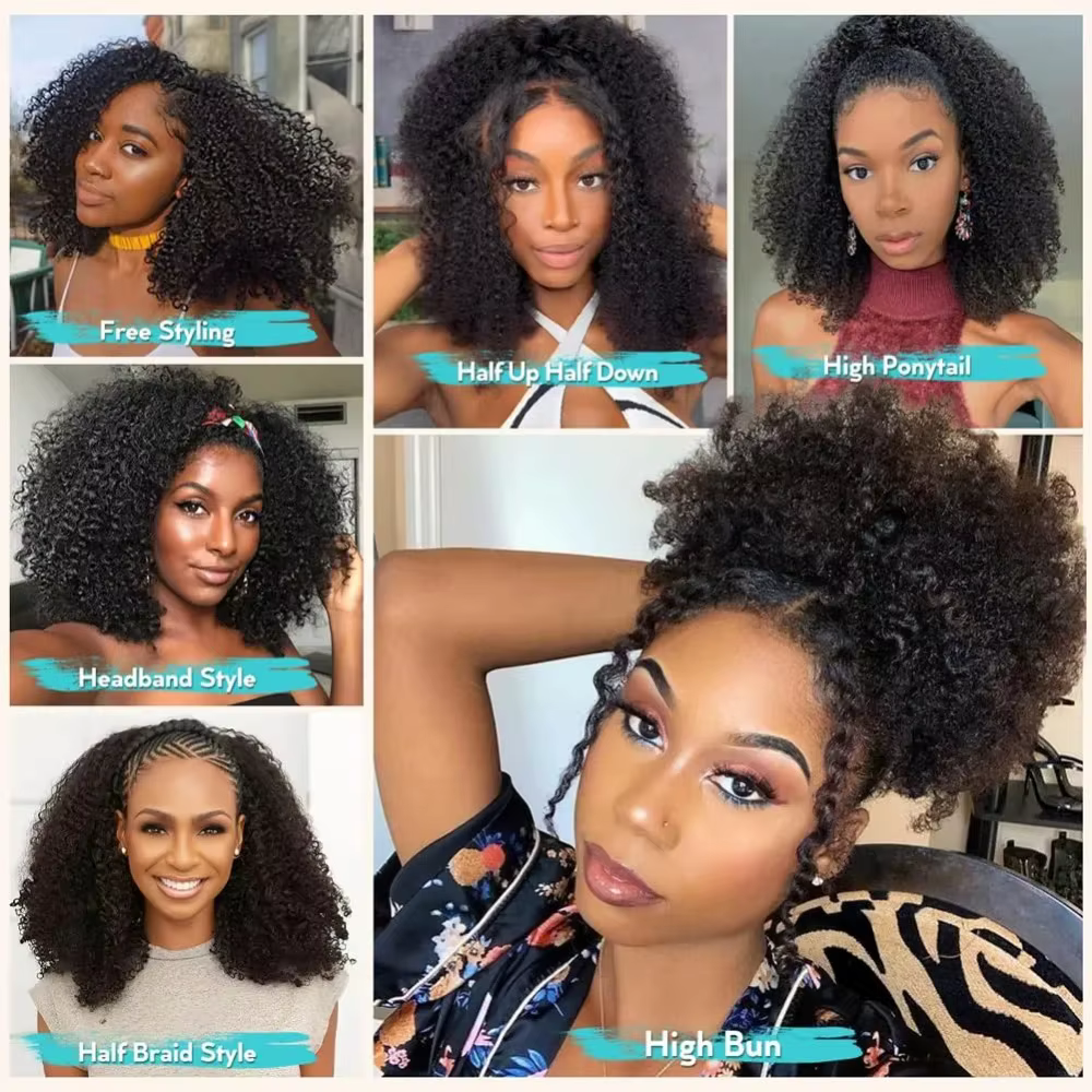 Demi-perruque bouclée crépue 220 % de densité, cheveux Remy, perruques bouclées en cheveux humains, 