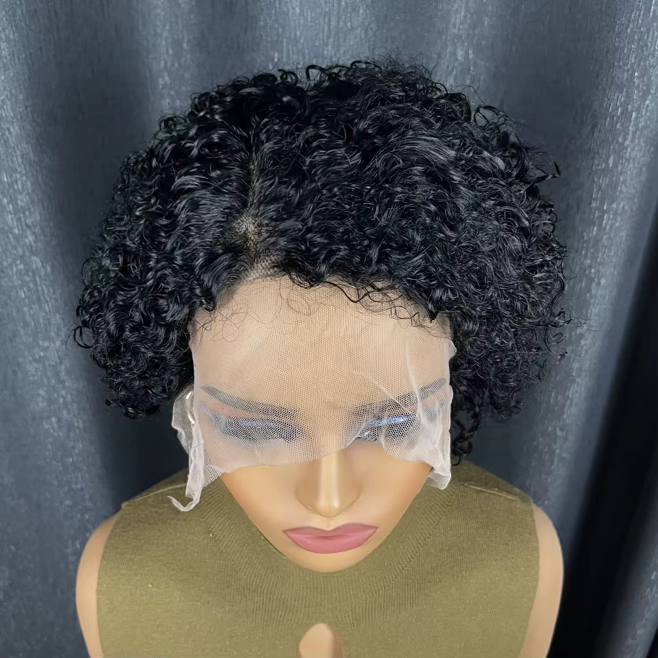 Partie latérale courte bouclée Bob perruque cheveux humains vague d'eau coupe de lutin perruques de