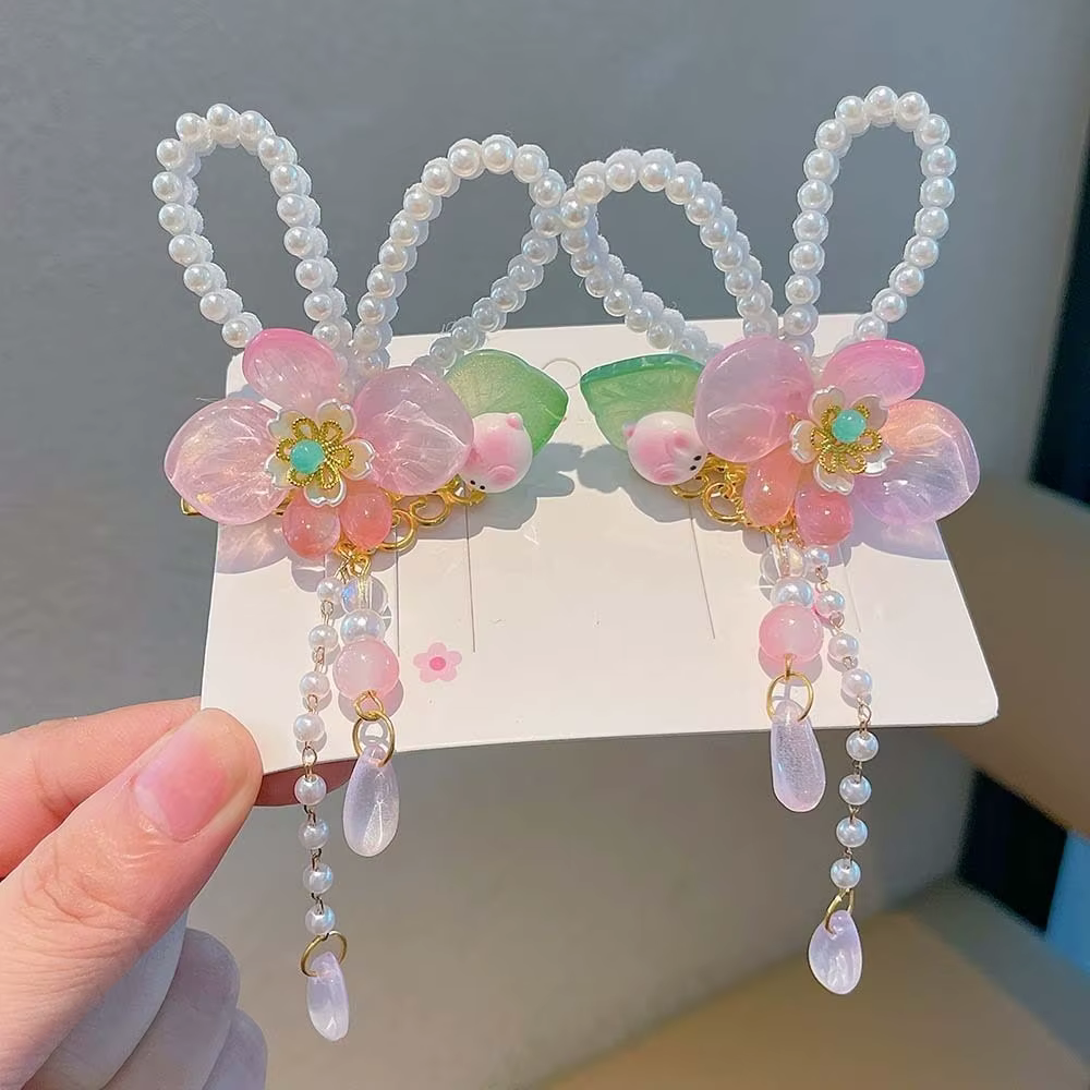 1 Paire de Pinces à Cheveux Hanfu à Double Clip, à Motifs Floraux, Pompons, Couleurs Vives, Perles, 