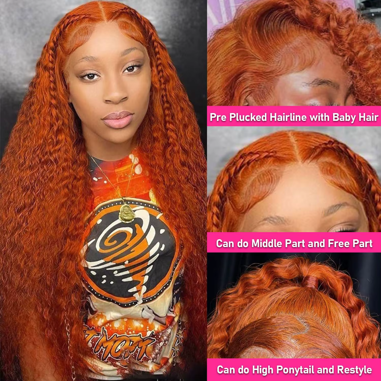 Perruques Lace Front 13x6 en cheveux humains pour femmes, bouclées orange gingembre, Deep Wave, Perr