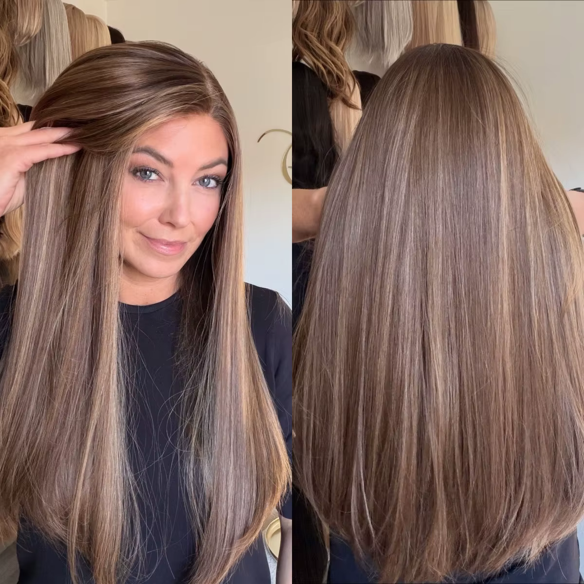 Perruque Lace Front Wig synthétique lisse et naturelle, 22 pouces, 13x4, partie libre, reflets bruns