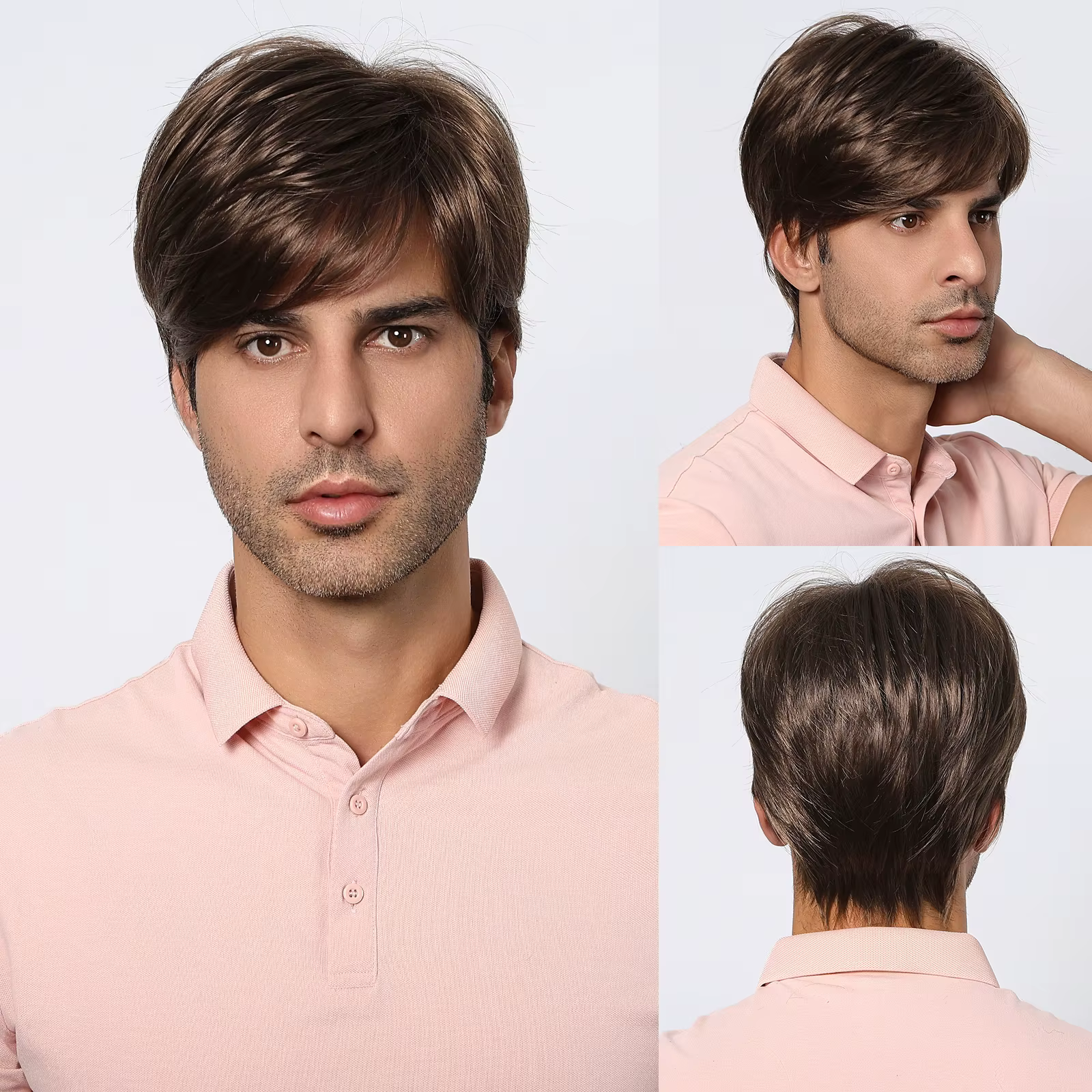 Perruques Bob Pixie Cut avec Frange pour Hommes, Cheveux Bruns Naturels, Courts et Lisses, Couches, 