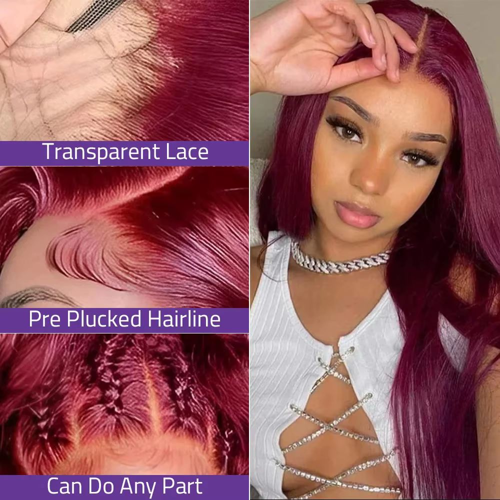 99J rouge bordeaux couleur dentelle frontale perruques de cheveux humains 13X6 HD droite dentelle av