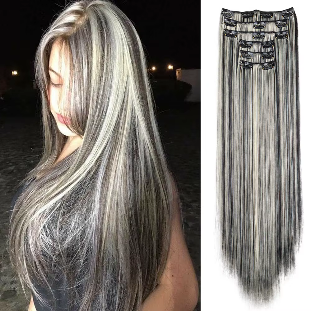 Extensions de cheveux noirs 24 pouces/60 cm, 6 pièces/ensemble, longues et droites, synthétiques, po