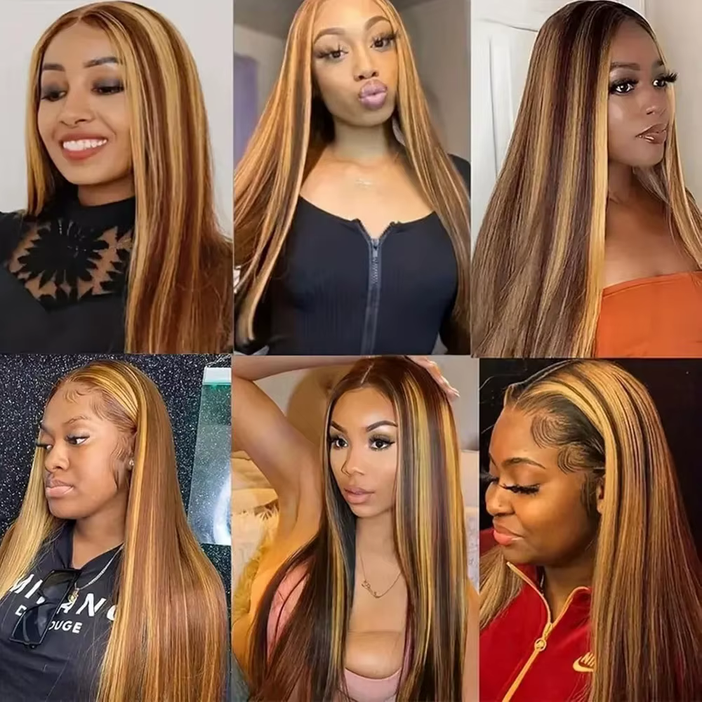 28 pouces 13x4 droite mettre en évidence perruque brésilienne cheveux humains 200% densité 4/27 coul