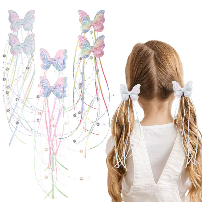 Pince à cheveux à paillettes papillon arc-en-ciel pour enfants, 2 pièces, ruban de perles, pince à c