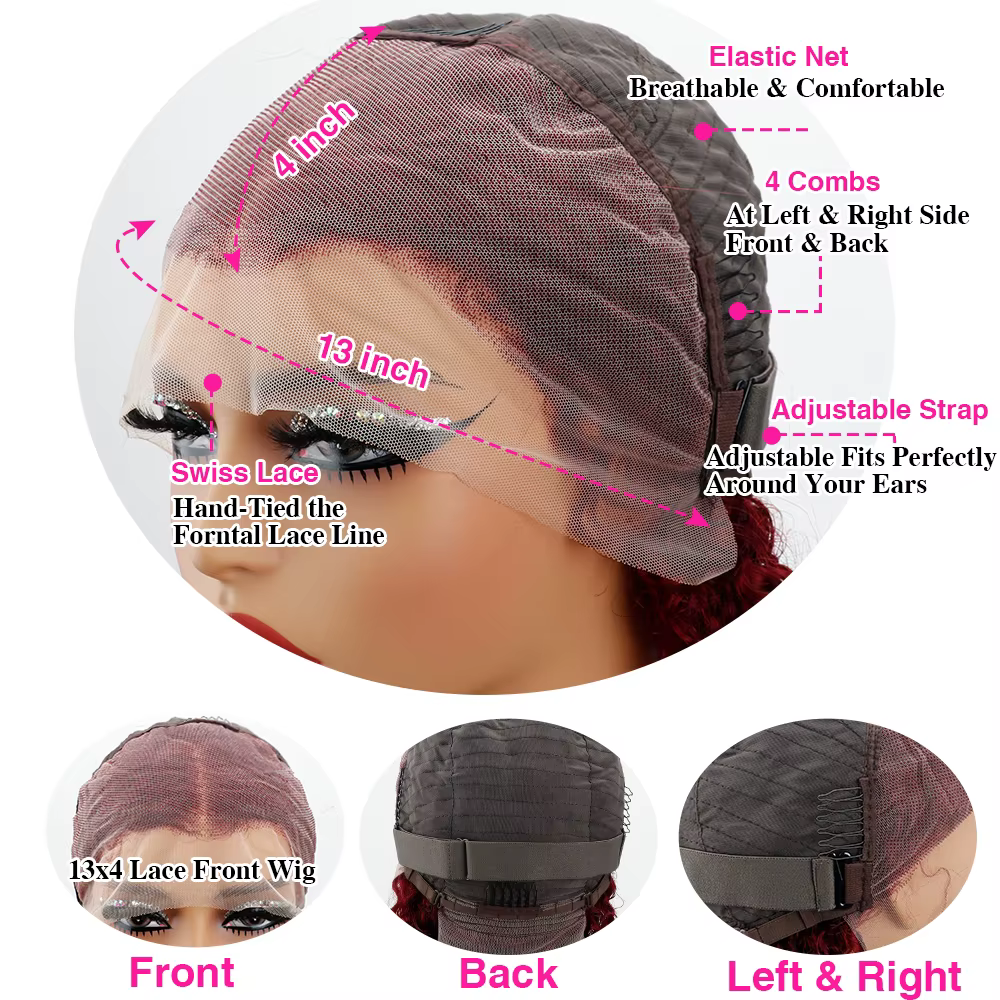 Perruque Deep Wave Lace Front Wig Naturelle, Cheveux Bouclés, Couleur Rouge Bordeaux 99J, Pré-épilés