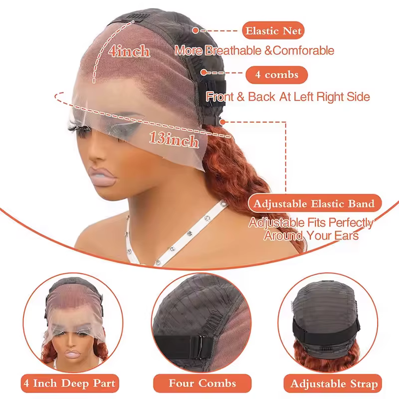 Perruque frontale bouclée Deep Wave de 36 pouces, couleur gingembre-orange, transparente 13x6 HD, en