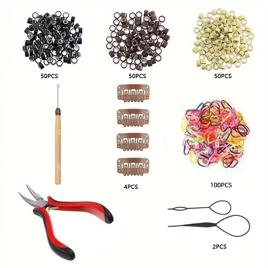 Kit professionnel d'extensions capillaires : mini-élastiques colorés, perles, pinces, crochet de tir